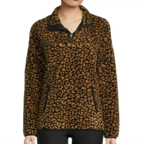 Teddy Leopard Print Zip Pullover Sweater - Picture 2 of 15